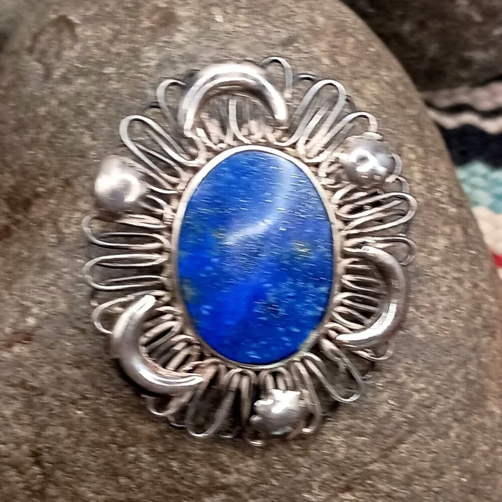 Art Deco 925 Sterling Silver Lapis Lazuli Brooch Pendant Brooch w/Moon & Stars - Picture 3 of 9